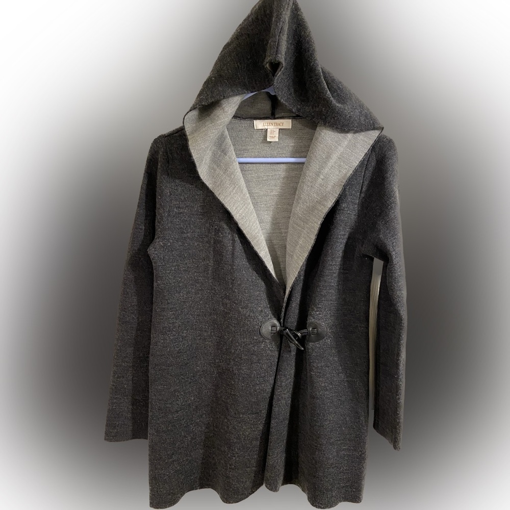 Ellen Tracy Hooded Cardigan Dark/Light Gray Toggle Close Wool Blend Knit Size S